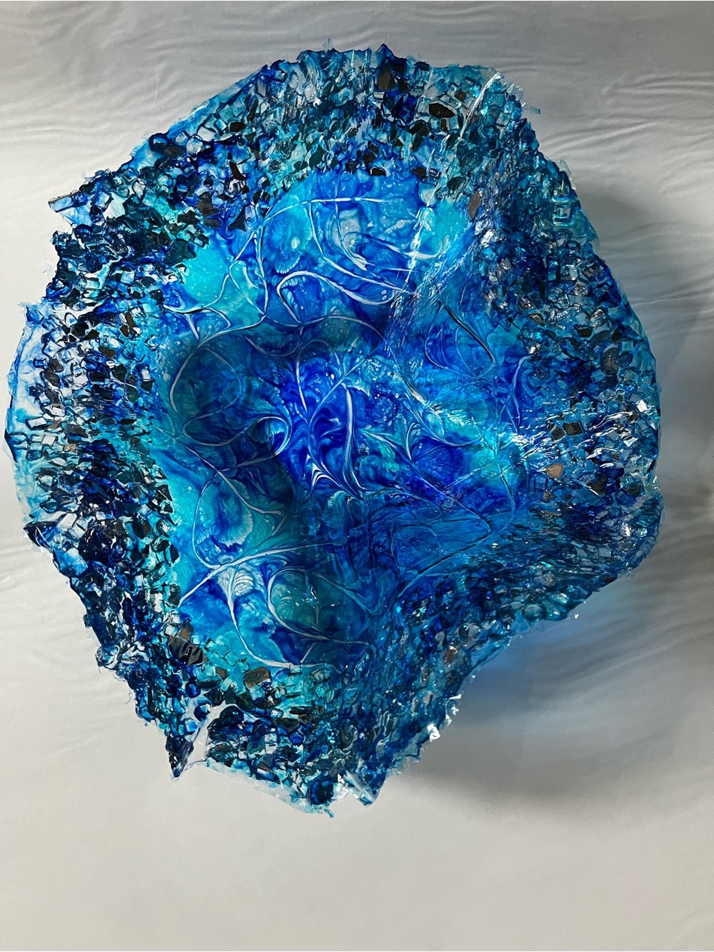 Handmade Blue Resin Art Bowl with Crushed Glass Edges